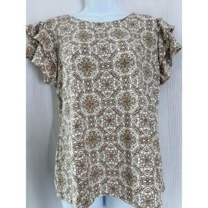 Emily Daniels Tan White Medallion Damask Ruffle Sleeve Blouse Top Large